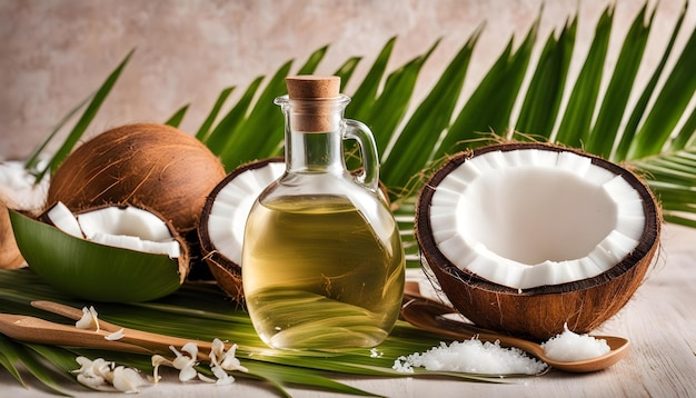olio di cocco accanto a cocco e cocco su un tavolo
