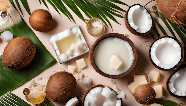 olio di cocco con cocco e cocco su una tavola