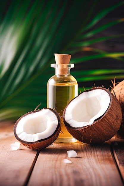 Olio di cocco cosmetico su uno sfondo di legno Generative AI Spa