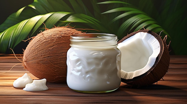 olio di cocco in un barattolo con una palma sullo sfondo