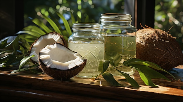 Olio di cocco isolato gocciola cocco a metà e bottiglia su bianco