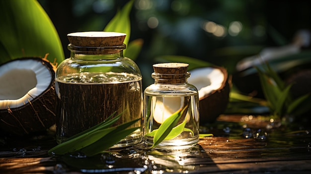 Olio di cocco vibrante gocciola cocco a metà e bottiglia su bianco