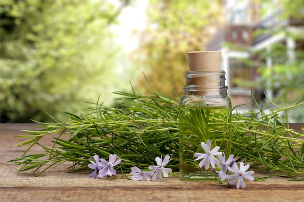 Olio di erbe in bottiglia su fondo di legno