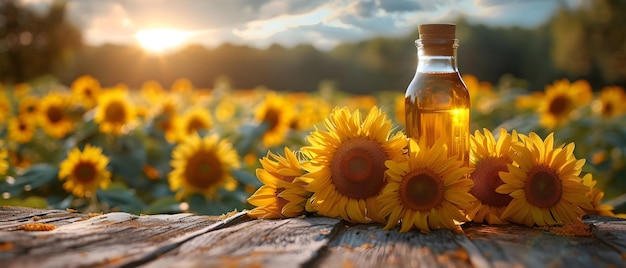 Olio di girasole in bottiglia su uno sfondo di girasoli