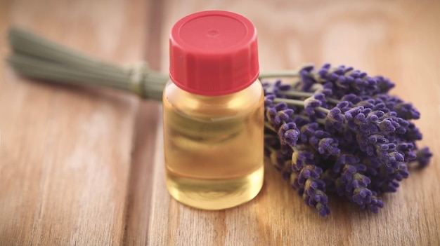 Olio di lavanda con fiore su superficie in legno