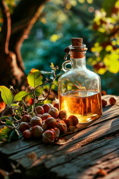 Olio di nocciole su un tavolo in giardino Focalizzazione selettiva