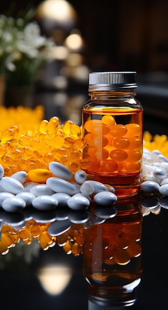 Olio di pesce in capsule nella bottiglia di vetro Pillole multiple intorno alla bottiglia Sfondo sfocato IA generativa