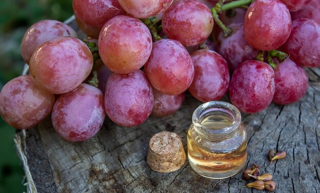 Olio di semi d'uva in un barattolo di vetro e uva fresca per spa e cura del corpo Il concetto di prodotti ecologici spa