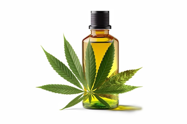 Olio essenziale di cannabis Estratto di olio di CBD in flacone contagocce con foglia verde di cannabis Marijuana Marijuana medica Copia spazio generato AI