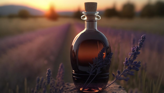 Olio essenziale di lavanda in bottiglia trasparente in campo di lavanda IA generativa