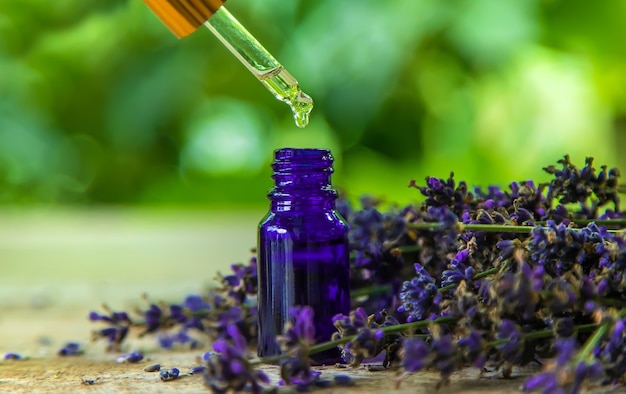 Olio essenziale di lavanda in una bottiglia. Messa a fuoco selettiva.