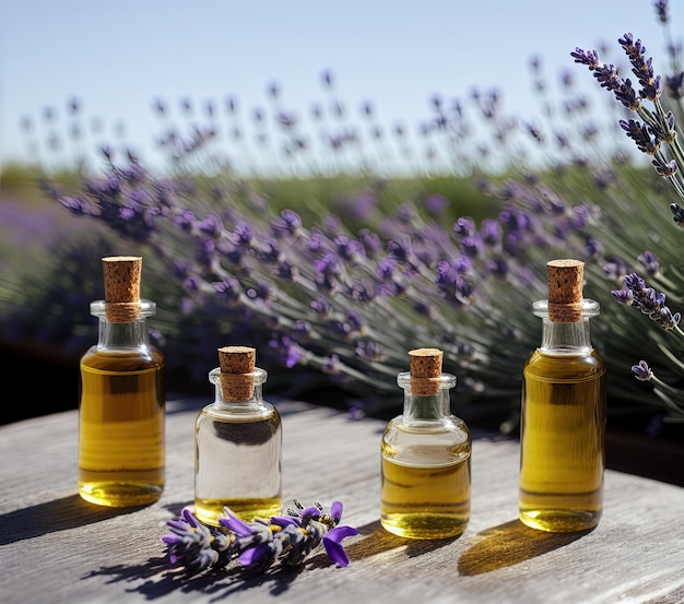 olio essenziale di lavanda in una bottiglia su uno sfondo di legno