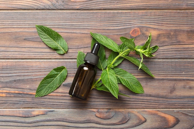 Olio essenziale di menta naturale in bottiglia di vetro cosmetici biologici con estratti di menta su sfondo colorato