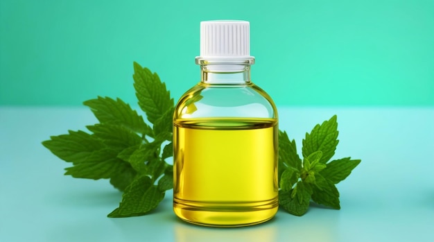 Olio essenziale di menta piperita in bottiglia con menta piperita gialla fresca sul tavolo di legno