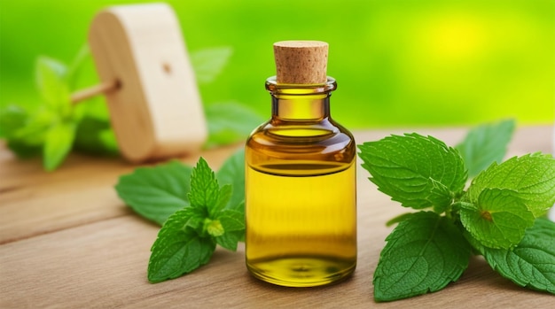 Olio essenziale di menta piperita in bottiglia con menta piperita gialla fresca sul tavolo di legno