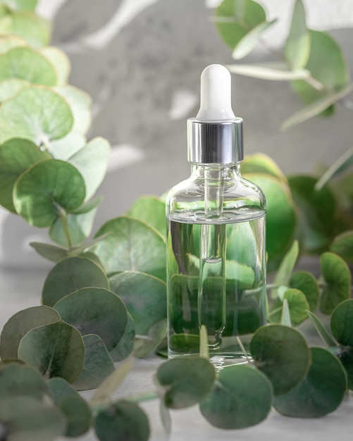 Olio essenziale in flacone di vetro contagocce, siero ialuronico idratante con estratto di eucalipto, cura della pelle o cura del corpo, concetto di cosmetici a base di erbe