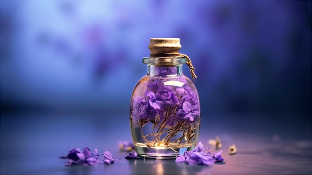 Olio essenziale in una bottiglia di vetro con fiori viola su uno sfondo scuro
