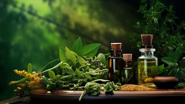 Olio essenziale organico in bottiglie di vetro estratti di erbe e fiori medicinali erbe