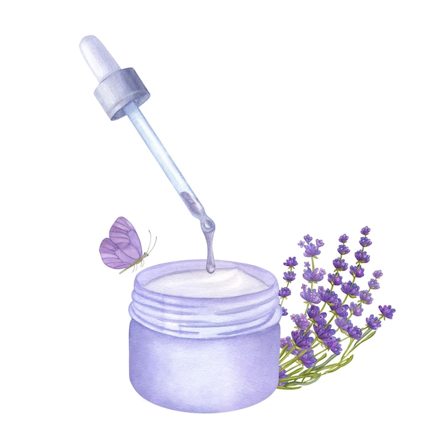 Olio essenziale viola che gocciola dal barattolo di pipetta di bouquet crema lavanda farfalla Illustrazione dell'acquerello disegnata a mano isolata su sfondo bianco