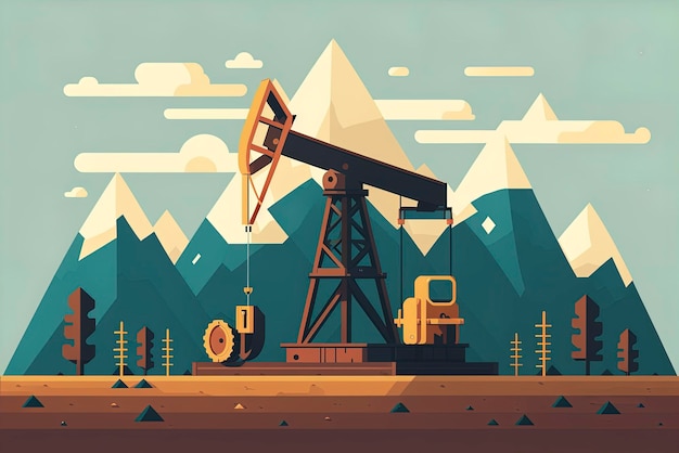 Olio pumpjack piatto semplice illustrazione attrezzature per l'industria petrolifera silhouette pumpjack sullo sfondo delle montagne generative ai