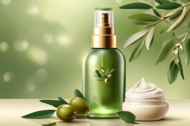 Oliva cosmetica confezione bottiglia crema per la cura della pelle foglie verdi e oliva su sfondo bokeh