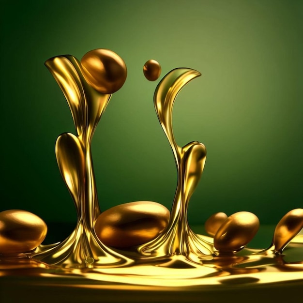 Olive d'oro liquide e olio d'oliva che ballano su una tela verde