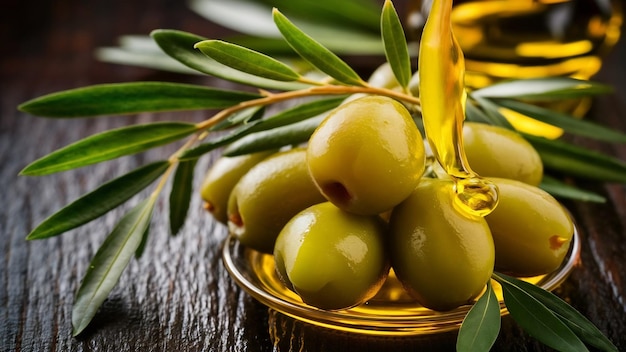 Olive dall'aspetto gustoso, olio d'oliva extra vergine e foglie d'olivo su uno sfondo di legno scuro