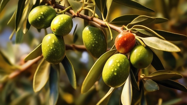 Olive e foglie su un ramo d'albero