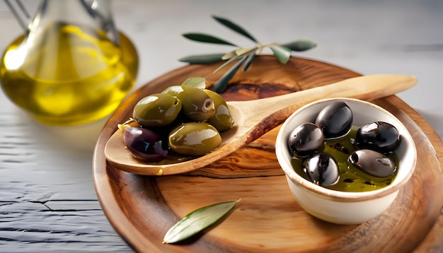 Olive e olio d'oliva con cucchiaio e foglie su un piatto di legno in un ambiente tradizionale e rustico