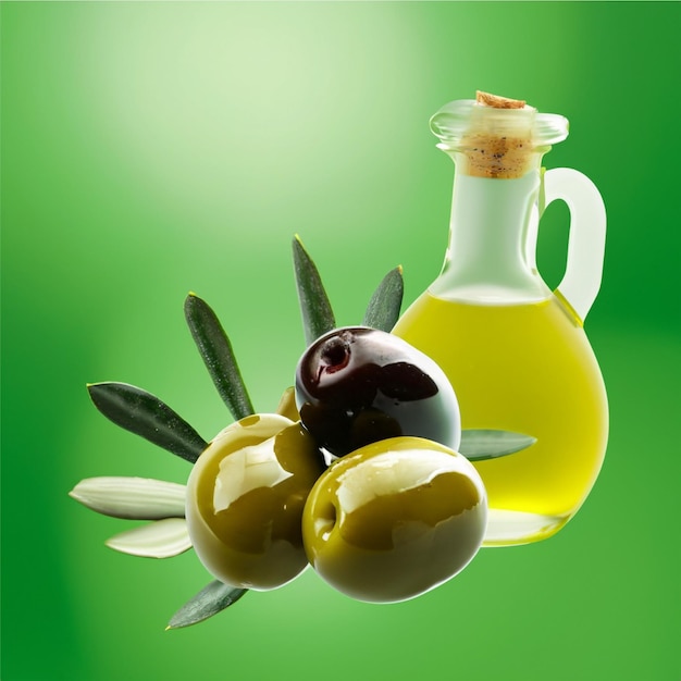 Olive e olio d'oliva galleggianti su uno sfondo verde