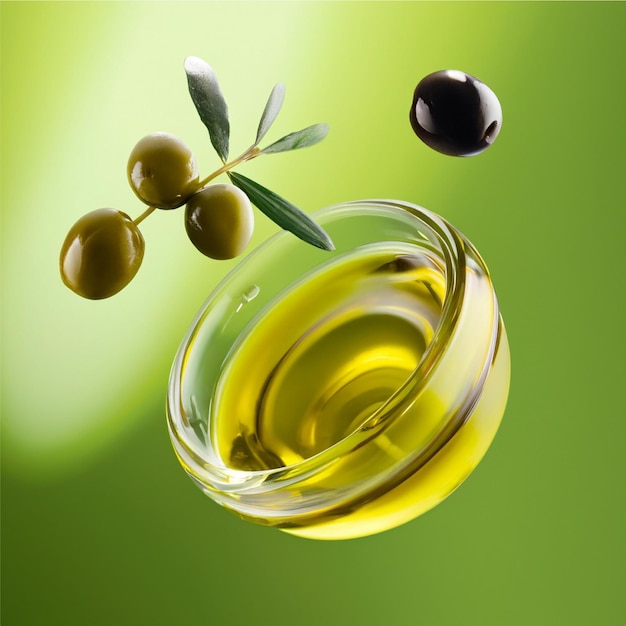 Olive e olio d'oliva galleggianti su uno sfondo verde