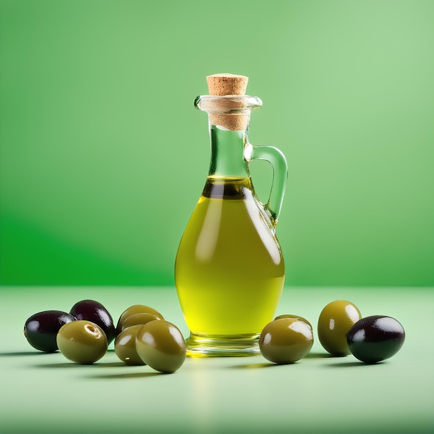 Olive e olio d'oliva galleggianti su uno sfondo verde