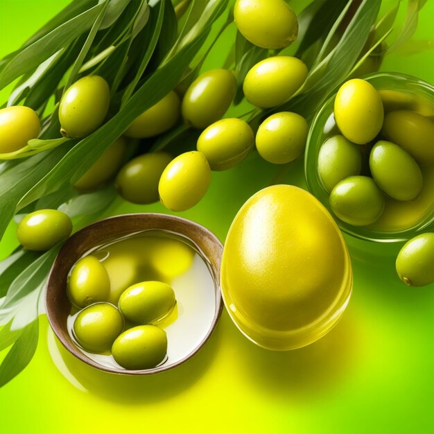 Olive e olio d'oliva galleggianti su uno sfondo verde