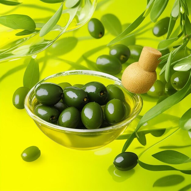 Olive e olio d'oliva galleggianti su uno sfondo verde