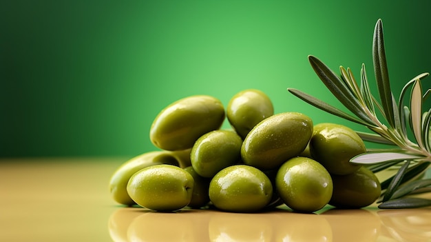 Olive e olio d'oliva galleggianti su uno sfondo verde