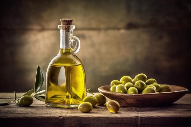 Olive e una bottiglia di olio d'oliva su un tavolo generativo ai