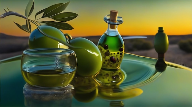 Olive e una bottiglia di olio d'oliva una raffinata rappresentazione della cucina mediterranea