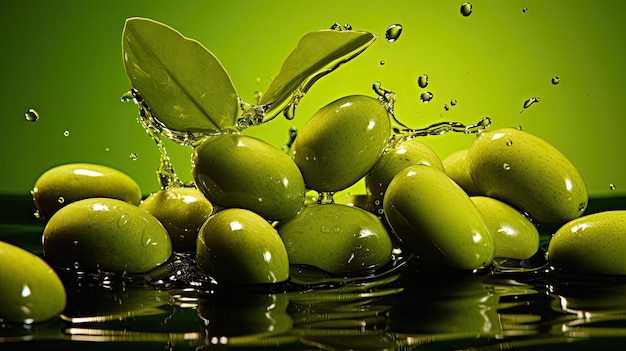 Olive fresche che ricevono una rinfrescante spruzzata d'acqua Il tempo ferma l'immagine del concetto commerciale