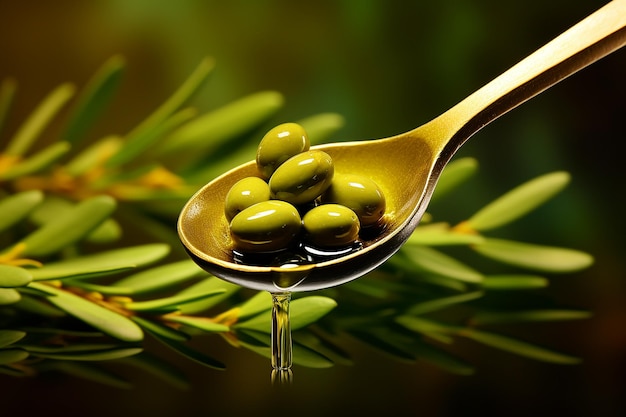 Olive fresche e olio d'oliva galleggianti in cucchiaio su uno sfondo verde