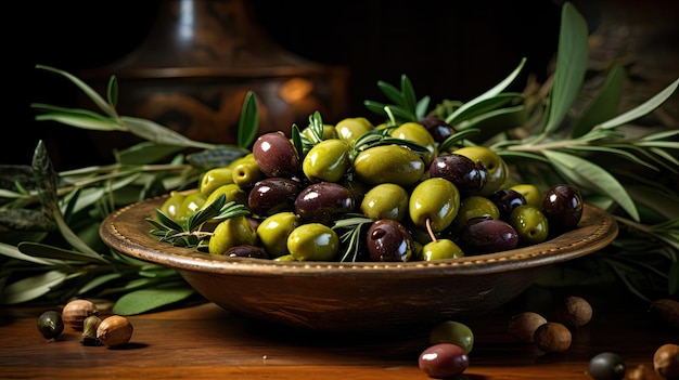 olive fresche in una ciotola e su un tavolo di legno su uno sfondo scuro