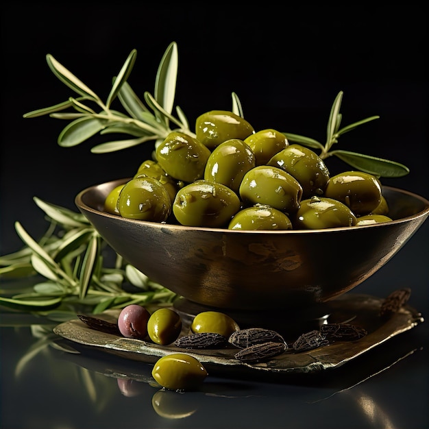 Olive in un piatto sul tavolo IA generata