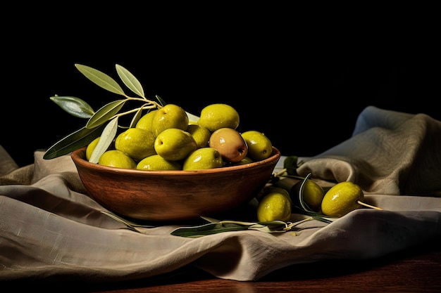 Olive naturali fresche e verdi rigogliose esposte su una tela flessibile