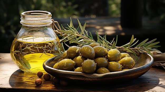 Olive nutrienti Olio d'oliva in un barattolo e olive su un tavolo di legno