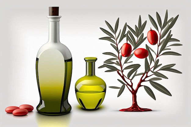 Olive ramificate e una bottiglia di olio d'oliva