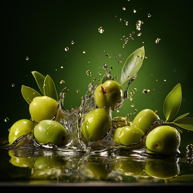 Olive verdi con foglie in acqua spruzzate su uno sfondo verde scuro