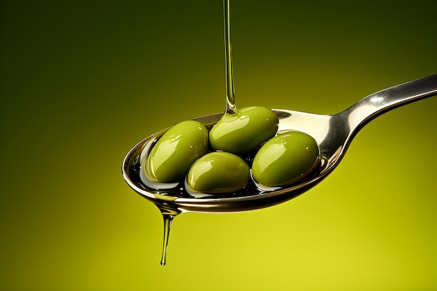 Olive verdi e olio d'oliva in un cucchiaio su uno sfondo verde bella composizione alimentare