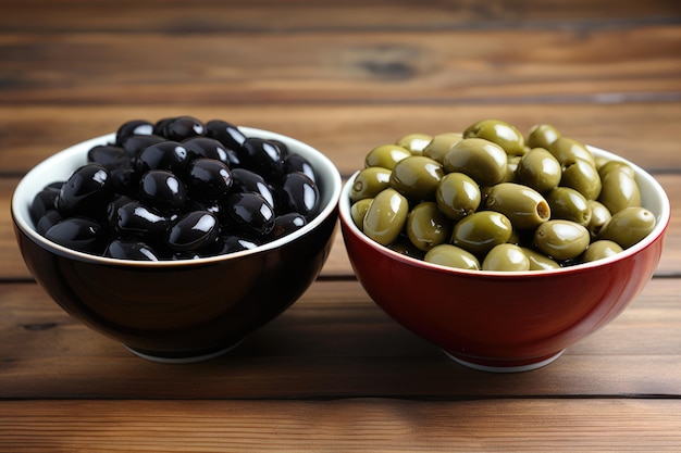 Olive verdi e olive nere fresche e naturalmente sane in ciotole buone per la salute e le insalate fresche