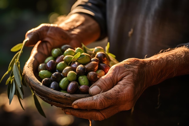 Olive verdi mature in mano di un operaio in primo piano stagione di raccolta dell'oliveto