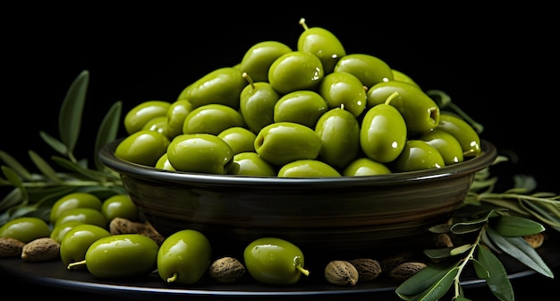 olive verdi su un tavolo di ardesia nera