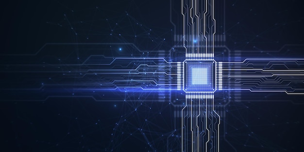 Ologramma astratto del circuito del chip ampio luminoso su sfondo scuro Rendering 3D del concetto di CPU e metaverse